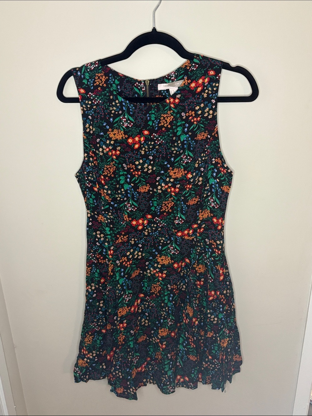 Forever 21 Black Floral Sleeveless Fit-and-Flare Dress with Green & Orange Print